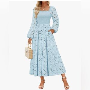 Light Blue Eyelet Maxi Dress with Smocked Bodice and Puff Sleeves size: XL